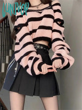 Lunivop Y2K Vintage Pink Striped Cropped Sweater Women Harajuku Off Shoulder Knitted Jumper Korean