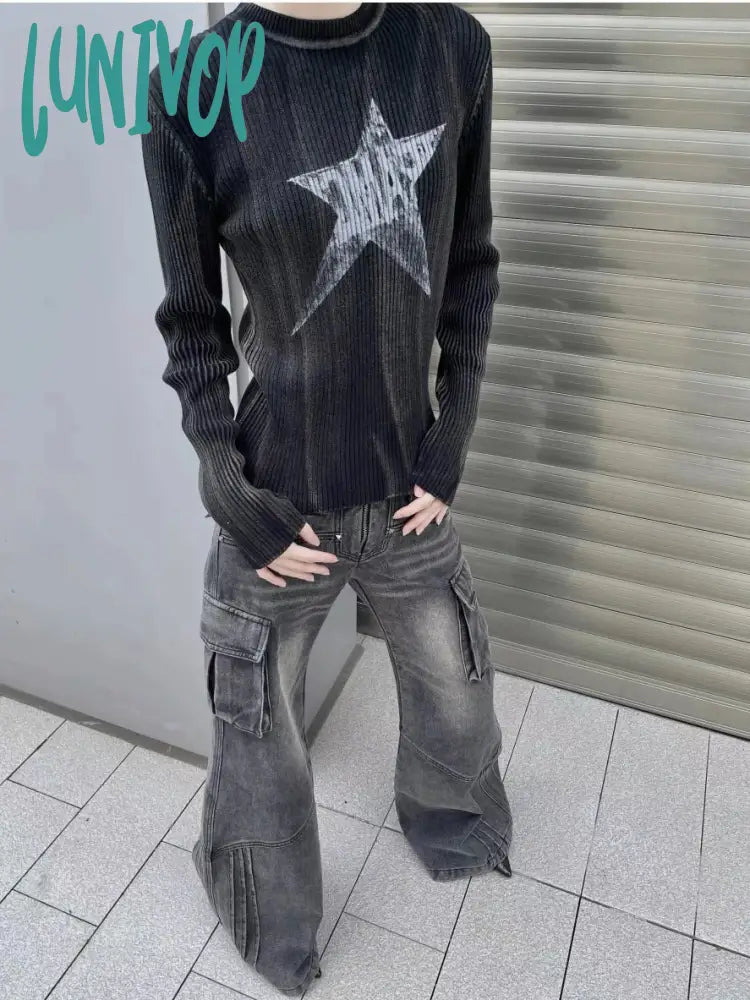 Lunivop Y2K Vintage Star Crop Sweater Women American Retro Grunge Knitwears Black Knit Pullover