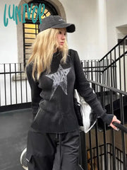 Lunivop Y2K Vintage Star Crop Sweater Women American Retro Grunge Knitwears Black Knit Pullover