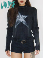 Lunivop Y2K Vintage Star Crop Sweater Women American Retro Grunge Knitwears Black Knit Pullover
