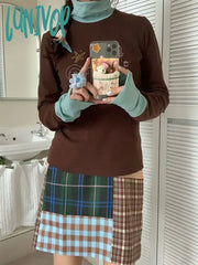 Lunivop Y2K Vintage Turtleneck T Shirt Women Harajuku Fashion 2000S Brown Tops Grunge Long Sleeve