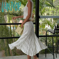 Lunivop Y2K White Casual 2 Piece-Set Long Skirt Women Hollow Out Patchwork Sexy Cropped Tank Top