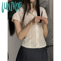 Lunivop Y2K White Shirts Women Harajuku Jk Lace Short Sleeve Blouses Summer Preppy Kawaii Korean