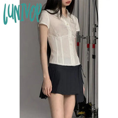 Lunivop Y2K White Shirts Women Harajuku Jk Lace Short Sleeve Blouses Summer Preppy Kawaii Korean