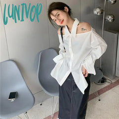Lunivop Y2K White Shirts Women Streetwear Sexy Halter Hollow Out Long Sleeve Blouse Korean Lady