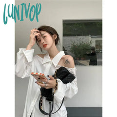 Lunivop Y2K White Shirts Women Streetwear Sexy Halter Hollow Out Long Sleeve Blouse Korean Lady