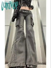 Lunivop Y2K Woman Jeans Baggy Low Waist Denim Pants Wide Leg Floor-Length Pockets With Belt