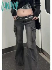 Lunivop Y2K Woman Jeans Baggy Low Waist Denim Pants Wide Leg Floor-Length Pockets With Belt