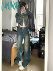 Lunivop Y2K Woman Loose Jeans Casual Denim Low Waist Pants Solid Color Pockets Patchwork Classical