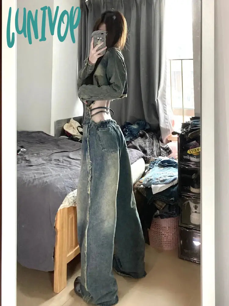 Lunivop Y2K Woman Loose Jeans Casual Denim Low Waist Pants Solid Color Pockets Patchwork Classical