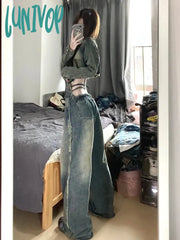 Lunivop Y2K Woman Loose Jeans Casual Denim Low Waist Pants Solid Color Pockets Patchwork Classical