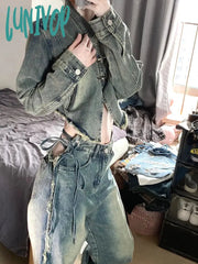 Lunivop Y2K Woman Loose Jeans Casual Denim Low Waist Pants Solid Color Pockets Patchwork Classical