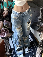 Lunivop Y2K Woman Ripped Jeans Denim Baggy Low Waist Straight Leg Tie-Dyed Wash Zipper Hole Casual