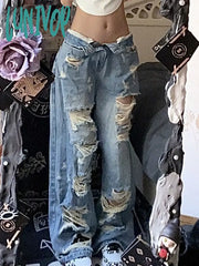 Lunivop Y2K Woman Ripped Jeans Denim Baggy Low Waist Straight Leg Tie-Dyed Wash Zipper Hole Casual