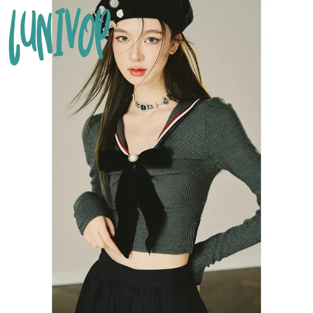 Lunivop Y2K Women Blouse Slim Sexy Sweet New Korean Fashion Bow Knitting Tops Long Sleeve T-Shirts