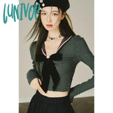 Lunivop Y2K Women Blouse Slim Sexy Sweet New Korean Fashion Bow Knitting Tops Long Sleeve T-Shirts