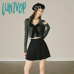 Lunivop Y2K Women Blouse Slim Sexy Sweet New Korean Fashion Bow Knitting Tops Long Sleeve T-Shirts
