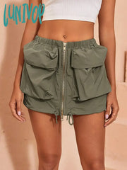 Lunivop Y2K Women Fashion Cargo Skirt Vintage Flap Pocket Zip Front Drawstring Hem Elastic Waist
