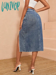 Lunivop Y2K Women Fashion Denim Skirt Vintage Slit Hem Raw Edge Bodycon High Waist Versatile