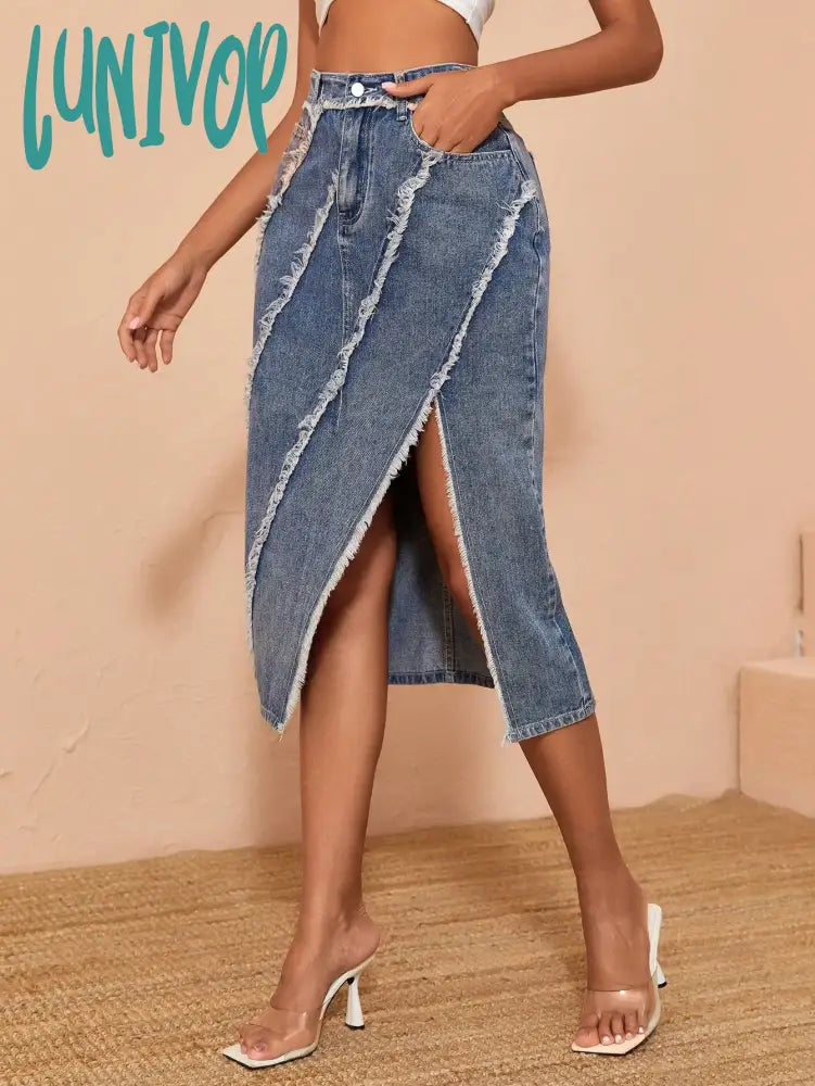Lunivop Y2K Women Fashion Denim Skirt Vintage Slit Hem Raw Edge Bodycon High Waist Versatile