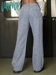 Lunivop Y2K Women Fashion Floral Print Jeans Vintage Baggy Straight Leg Trousers Pink Girls Spring