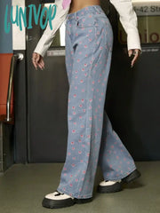 Lunivop Y2K Women Fashion Floral Print Jeans Vintage Baggy Straight Leg Trousers Pink Girls Spring