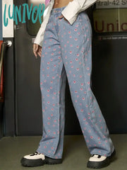 Lunivop Y2K Women Fashion Floral Print Jeans Vintage Baggy Straight Leg Trousers Pink Girls Spring