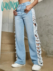 Lunivop Y2K Women Fashion Side Ripped Detail Jeans Street Solid Low Waist Washed Blue Straight Leg