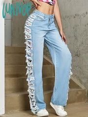 Lunivop Y2K Women Fashion Side Ripped Detail Jeans Street Solid Low Waist Washed Blue Straight Leg