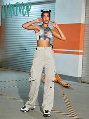 Lunivop Y2K Women Fashion Wide Leg Cargo Pants Street Flap Pocket Side Buckle Details Hip Hop