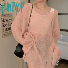 Lunivop Y2K Women Fluffy Off-Shoulder Sweater Solid Color Loose Ripped Long Sleeve Knitwear Summer