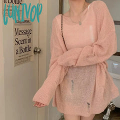 Lunivop Y2K Women Fluffy Off-Shoulder Sweater Solid Color Loose Ripped Long Sleeve Knitwear Summer