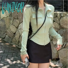 Lunivop Y2K Women Streetwear Long Sleeve Zipper Slim Crop Tops Harajuku Preppy Korean Fashion Black