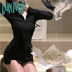 Lunivop Y2K Women Streetwear Long Sleeve Zipper Slim Crop Tops Harajuku Preppy Korean Fashion Black