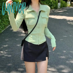 Lunivop Y2K Women Streetwear Long Sleeve Zipper Slim Crop Tops Harajuku Preppy Korean Fashion Black