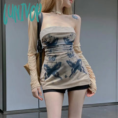 Lunivop Y2K Women Tube Crop Tops With Shrug Grunge Buttfly Print Slim Fit Sleeveless Backless Shirt