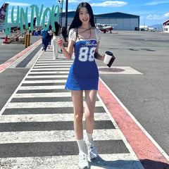 Lunivop Y2K Women Tube Dress Letter Number Print Boat Neck Bodycon Strapless Summer Backless Mini