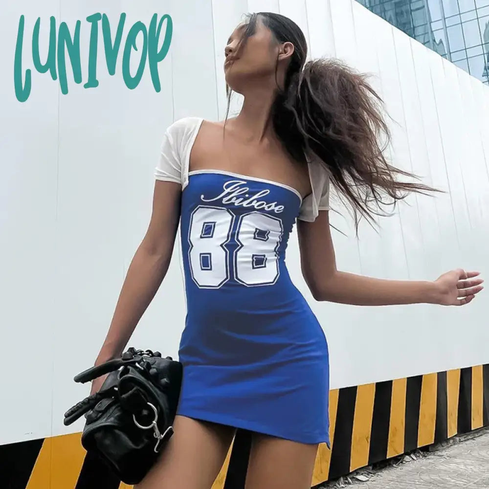 Lunivop Y2K Women Tube Dress Letter Number Print Boat Neck Bodycon Strapless Summer Backless Mini