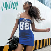 Lunivop Y2K Women Tube Dress Letter Number Print Boat Neck Bodycon Strapless Summer Backless Mini
