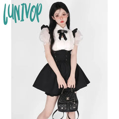 Lunivop Y2K Women Two Pieces Sets Kawaii Lolita Shirts Sweet Black Suspender Skirt Casual Vintage