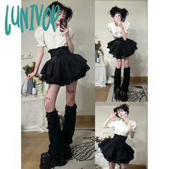 Lunivop Y2K Women Two Pieces Sets Kawaii Lolita White Shirts Short Sleeve Blouse Black Skirts Girls