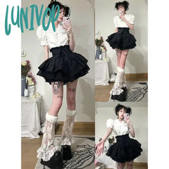 Lunivop Y2K Women Two Pieces Sets Kawaii Lolita White Shirts Short Sleeve Blouse Black Skirts Girls