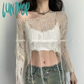 Lunivop Y2K Women’s Knit Tshirt Hollow Out Knitwear Cropped Sweater Spring Short Networks Jumper