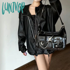 Lunivop Y2K Womens Shoulder Bag Harajuku Fashion Gothic Casual Black Chains Handbag Hot Girls Pu