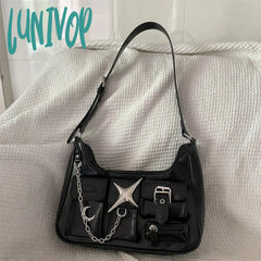 Lunivop Y2K Womens Shoulder Bag Harajuku Fashion Gothic Casual Black Chains Handbag Hot Girls Pu