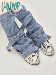 Lunivop Y2K Women’s Strap Design Blue Denim Leg Cover Fashionable Versatile Spicy Girl Pantyhose