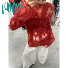Lunivop Y2K Women’s Sweater Harajuku Knitwear Hole Kint Spring Oversize Jumper Hollow Out