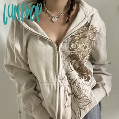Lunivop Y2K Zip Up Hoodie Women Vintage 2000S Oversize Hooded Sweatshirts Graphic Grunge Streetwear