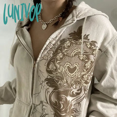 Lunivop Y2K Zip Up Hoodie Women Vintage 2000S Oversize Hooded Sweatshirts Graphic Grunge Streetwear