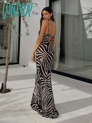 Lunivop Zebra Print Maxi Dress Women Fashion Sheer Chiffon Holidays Beach Summer Elegant Sexy Front